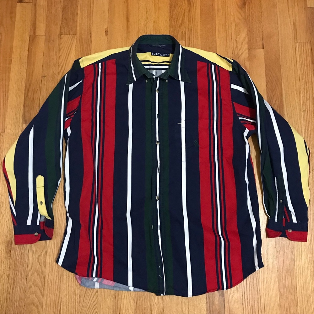 Nautica Vertical Striped Button Up Shirt XL VTG